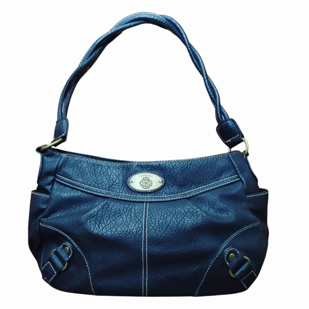 Treviso Hobo Shoulder Bag Black Faux Leather Gold Accents Multiple Compartments